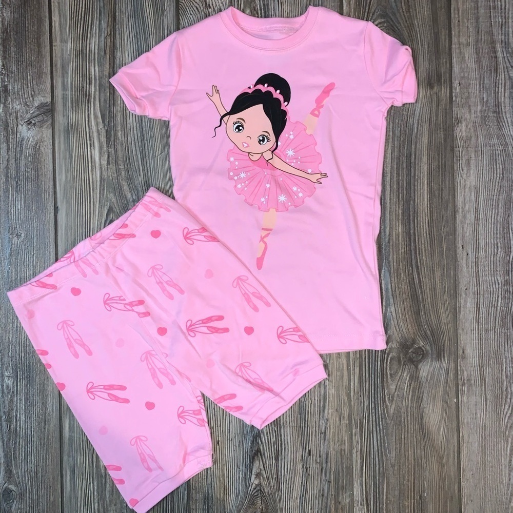 Leveret Ballerina Pajamas Shorts and Tee Pink Ballet Shoes Soft Size 8